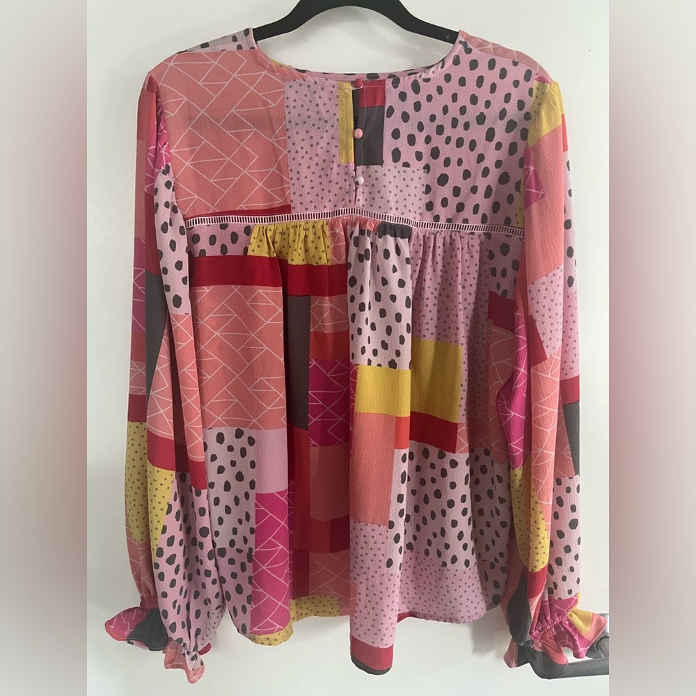 Fate Peasant Top Pink Patchwork Balloon Sleeve Bl… - image 2